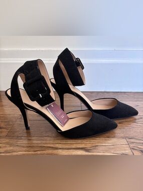 Zara Basic Black Suede Pointy Toe Heels with Wide Ankle Strap Size 39